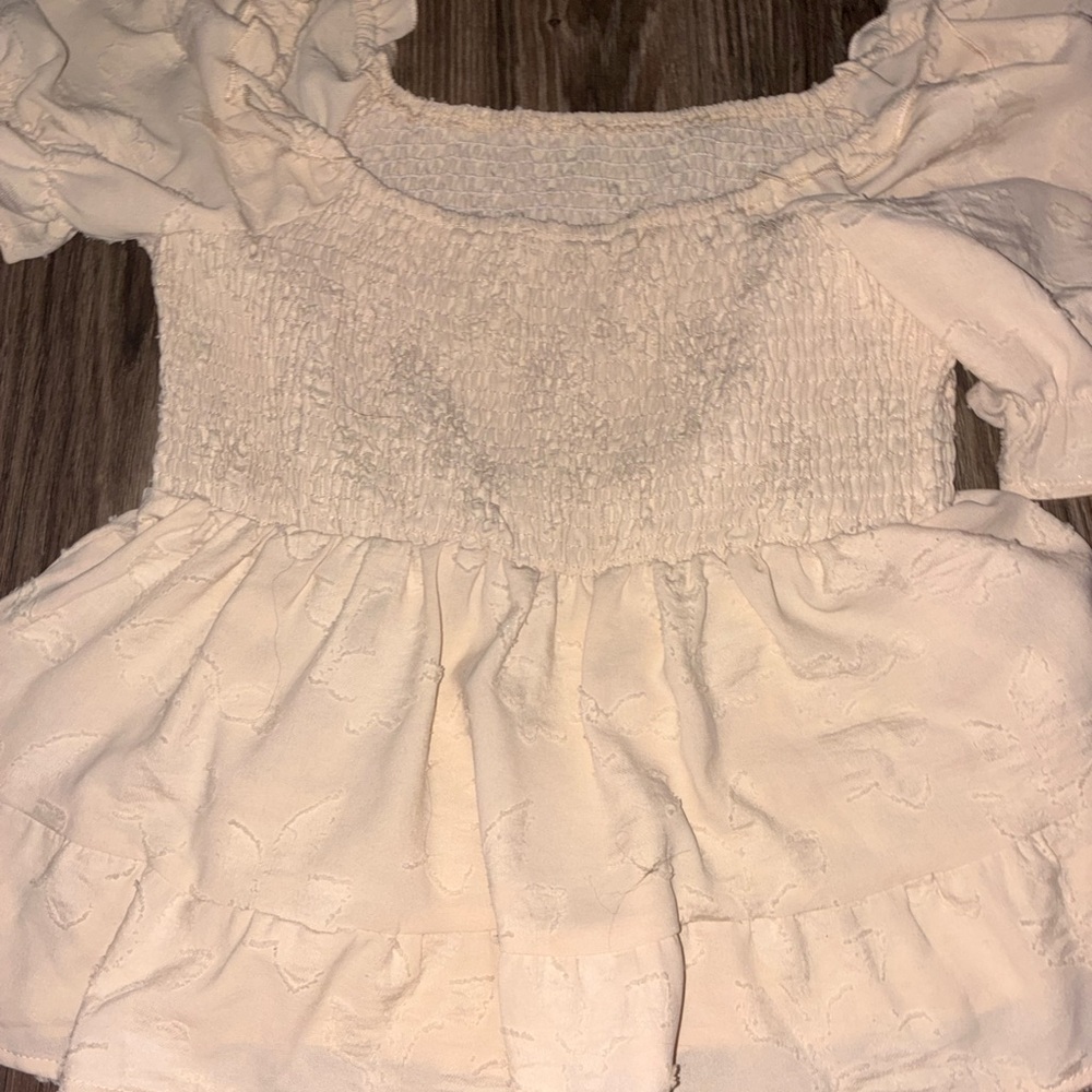 Cream Smocked Ruffled Blouse with Bib Collar